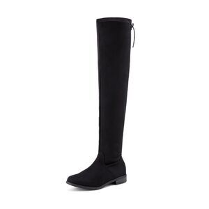 Y2K Thigh High Suede Riding Boots Lace Up Pull-On Black 1.5-inch heel